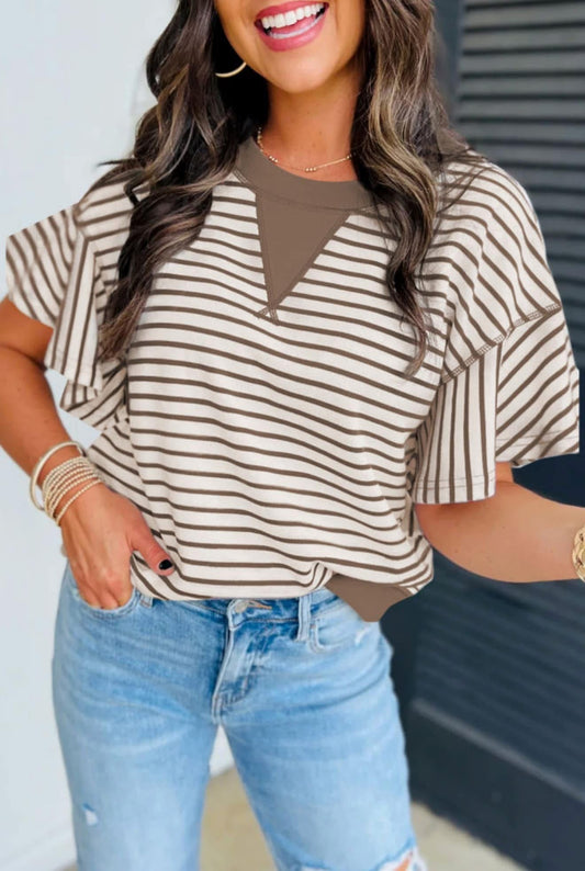 Parchment Contrast Detail Striped Ruffle Short Sleeve Top