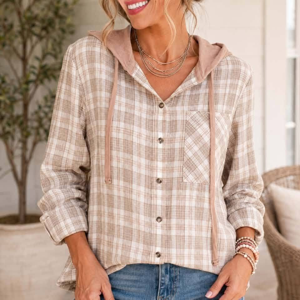 Khaki Checkered Print Loose Fit Buttoned Hooded Shacket - PREORDER