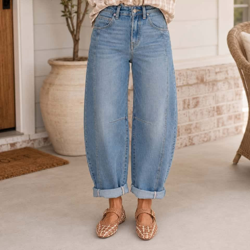 Sky Blue Medium Wash Cuffed Barrel Jeans - PREORDER