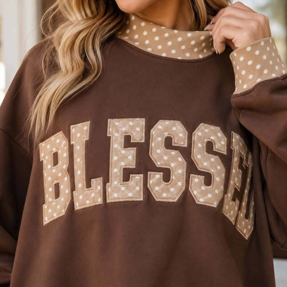 Coffee Plaid Trim High Neck BLESSED Letter Graphic Baggy Sweatshirt - PREORDER