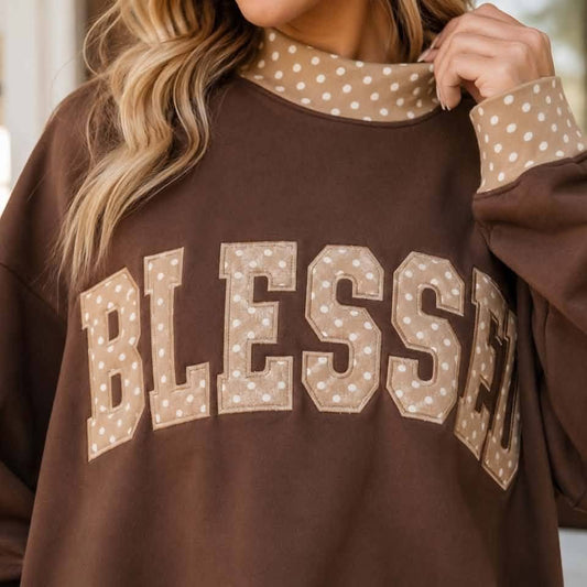 Coffee Plaid Trim High Neck BLESSED Letter Graphic Baggy Sweatshirt - PREORDER