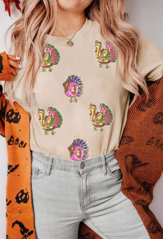 Sequin Turkey Patched Thanksgiving Graphic Tee - PREORDER