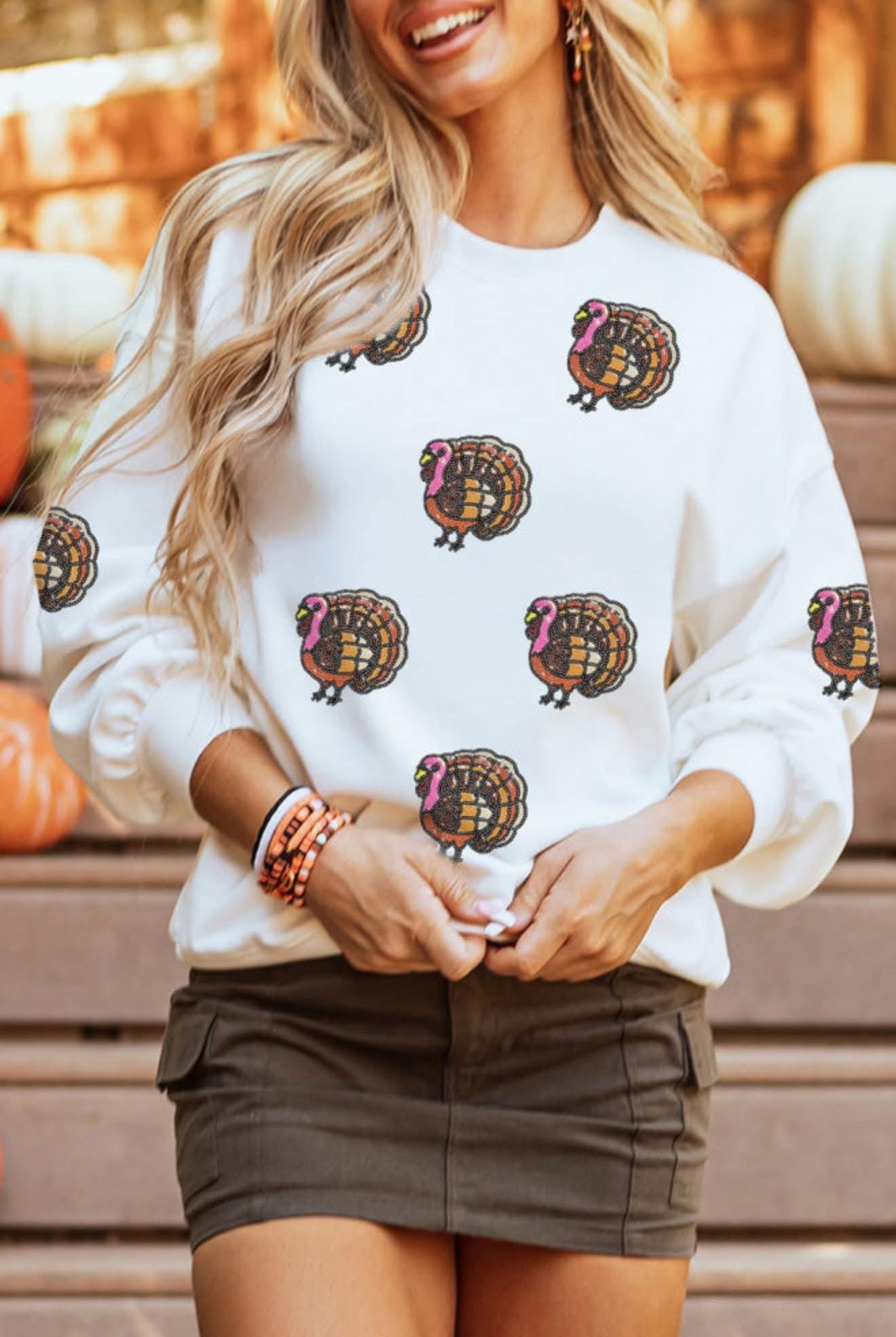 White Thanksgiving Turkey Sequin Patched Pullover Sweatshirt - PREORDER