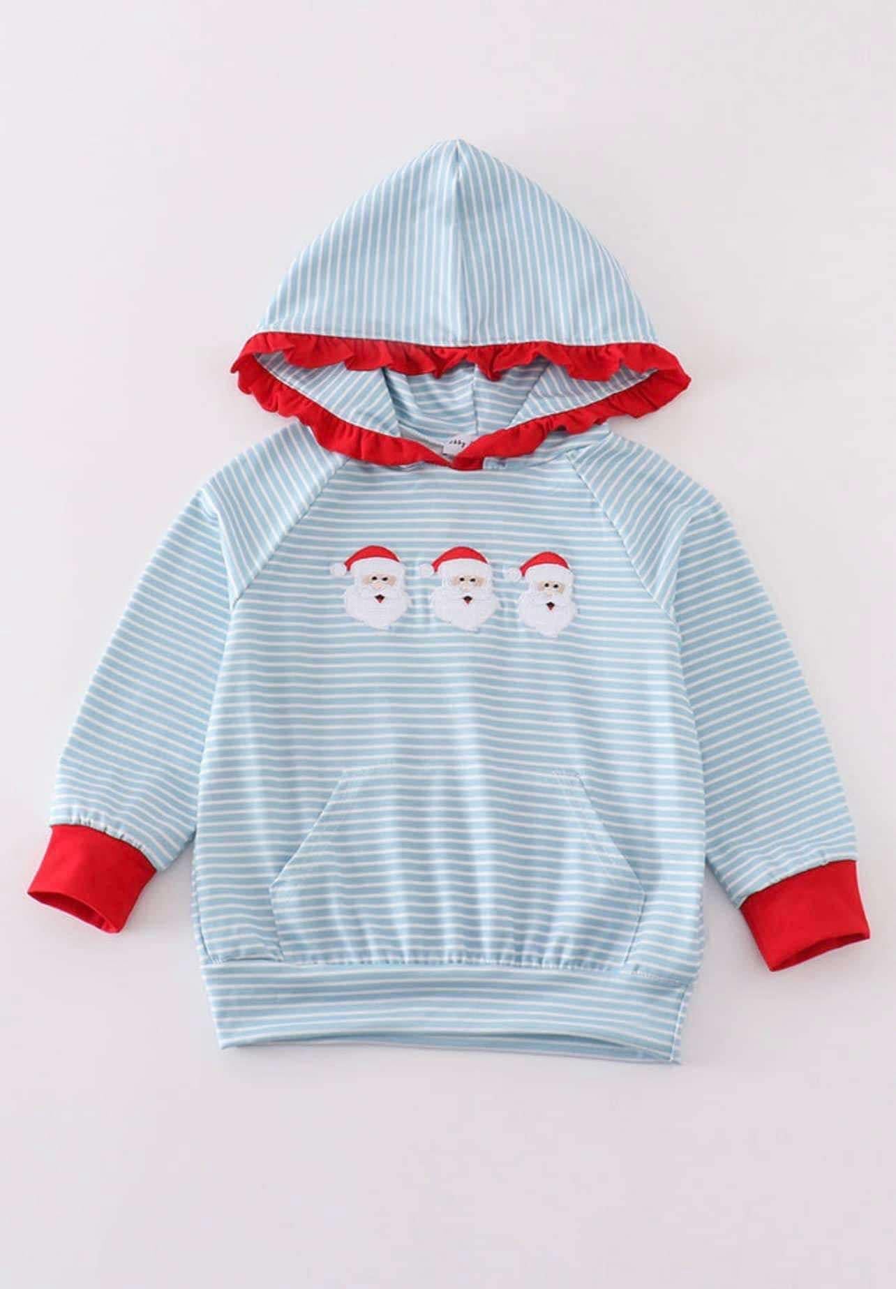 Blue stripe christmas santa ruffle embroidery girl hoodie PREORDER