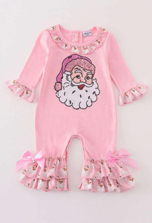 PINK CHRISTMAS SANTA CLAUS SEQUIN GIRL ROMPER