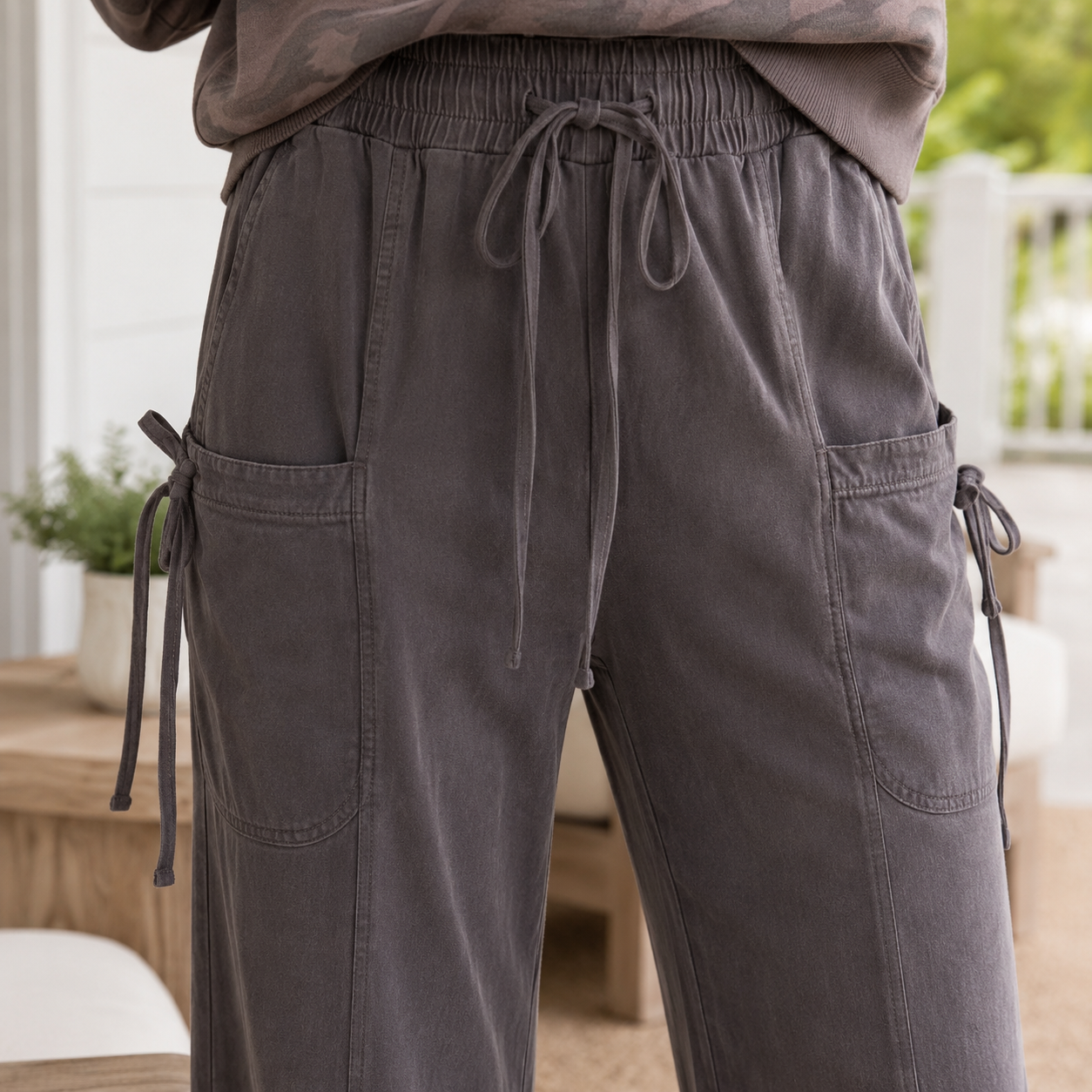 Dark Brown Cotton Mineral Wash Elastic Waist Drawstring Tie Detail Cargo Pants - PREORDER