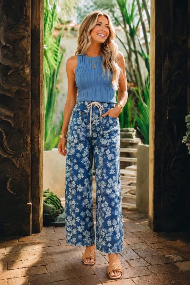 Sky Blue Dainty Floral Printed Drawstring Barrel Jeans - PREORDER