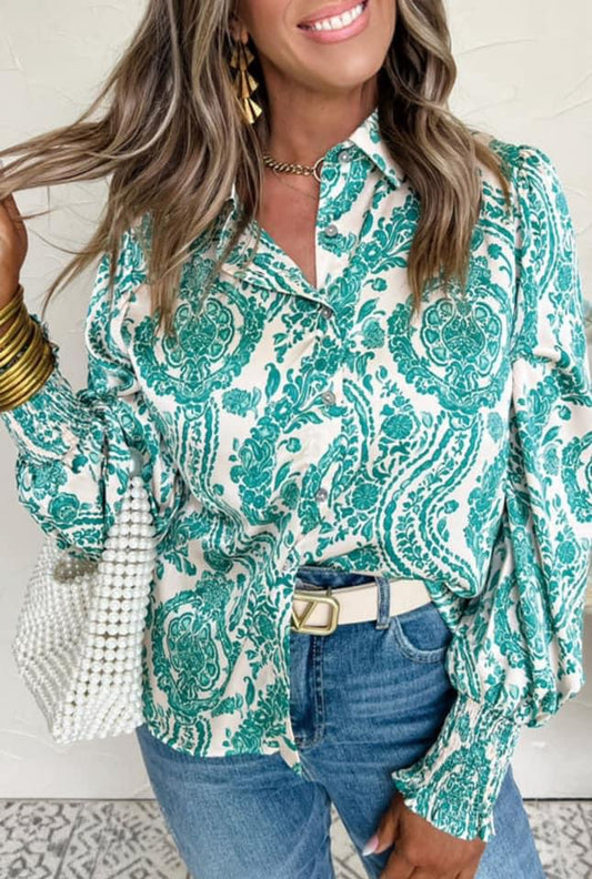 Green Paisley Print Smocked Cuff
Buttoned Loose Shirt PREORDER