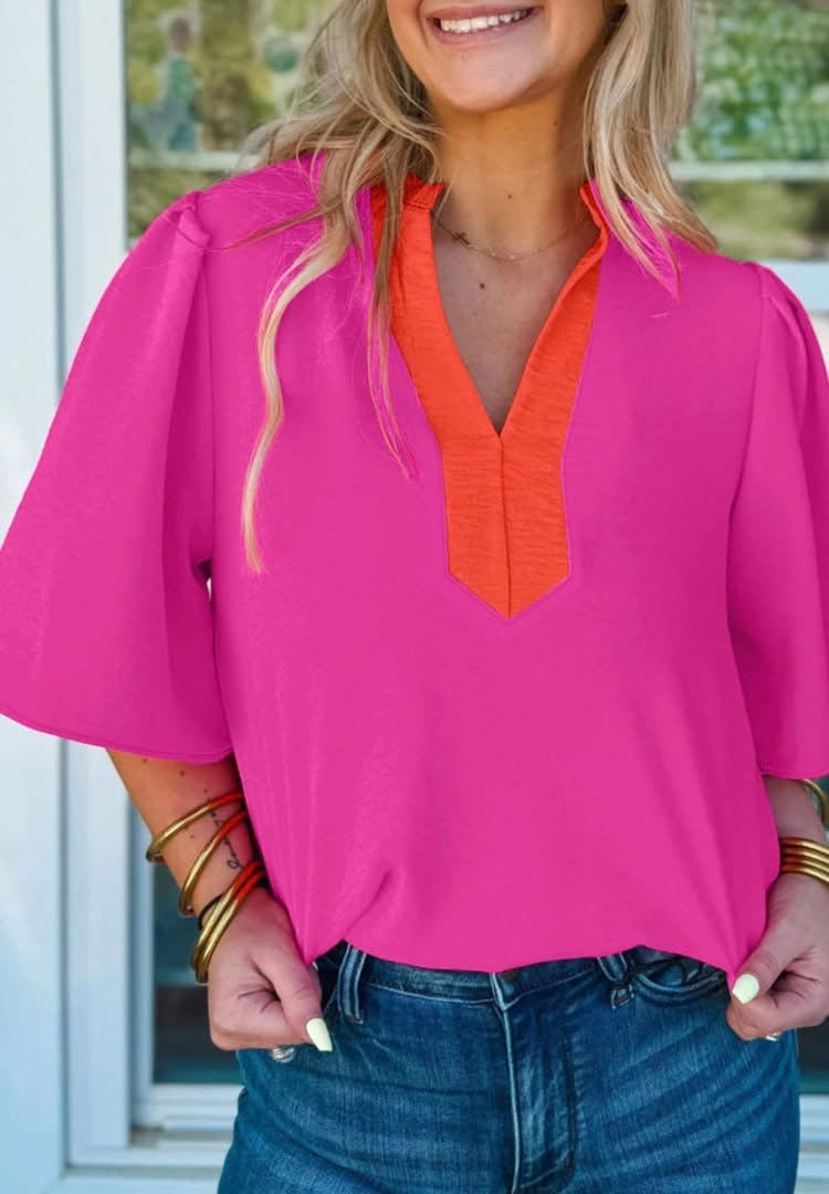 Pink Contrast V Neck Colorblock Wide Short Sleeve Top