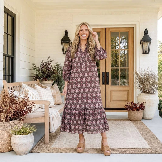 Brown Floral Print Button Front Ruffle Hem Midi Dress - PREORDER