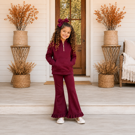 Girls Burgundy Sweatsuit Ruffle Pant Set- PREORDER