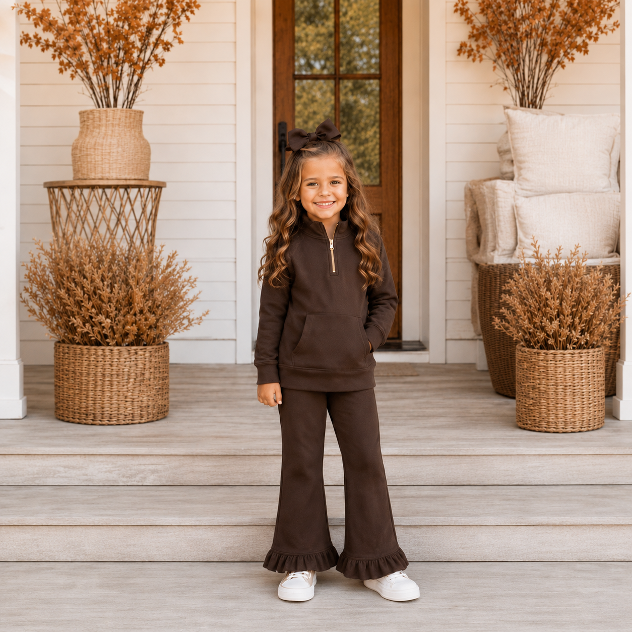 Girls Brown Sweatsuit Ruffle Pant Set- PREORDER