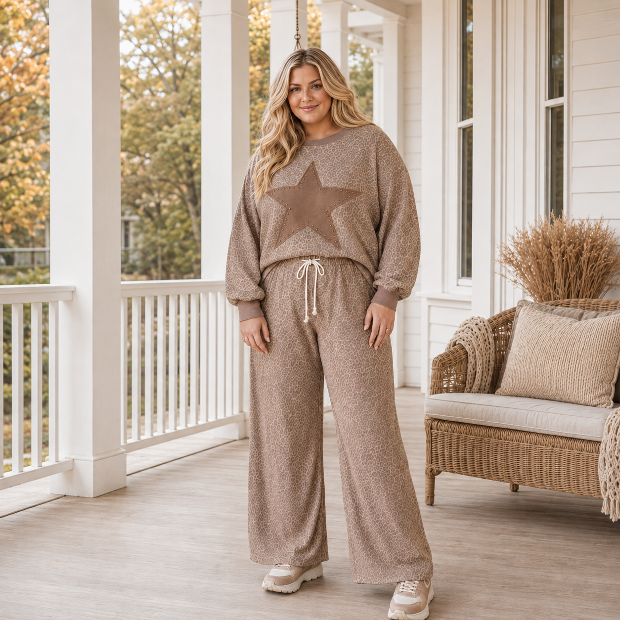 Khaki Leopard Print Star Patch Colorblock Long Sleeve Top Plus Size Drawstring Pants Set - PREORDER
