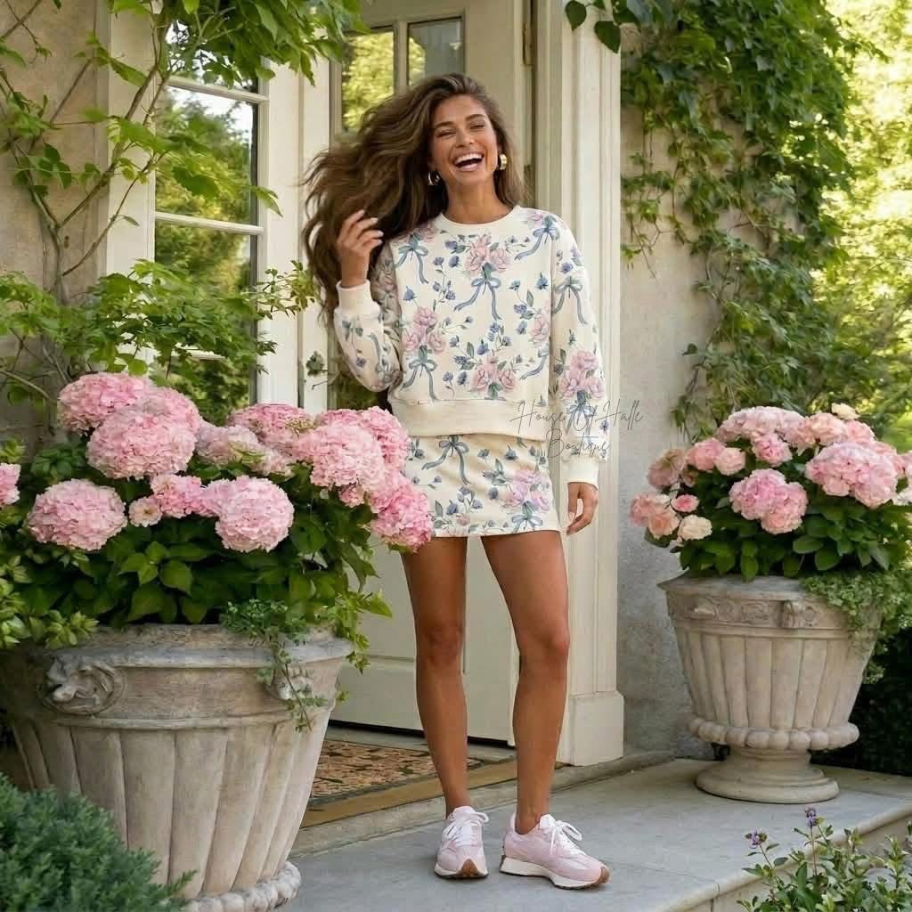 White Floral Print Long Sleeve Pocket Shift Dress Two Piece Set - PREORDER