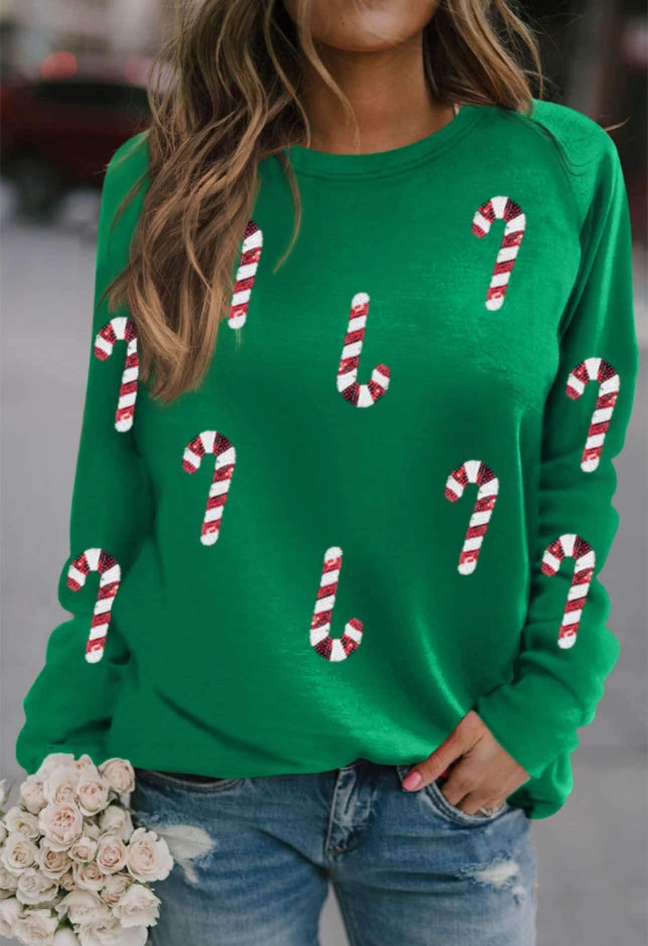 Green Sequin Christmas Candy Cane Graphic Crewneck Pullover Sweatshirt PREORDER