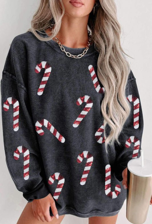 Charcoal Christmas Candy Cane Sequin Graphic Corded Sweatshirt PREORDER