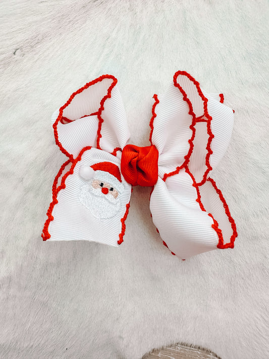 Embroidered Santa Crochet Edge Bow (White & Red)