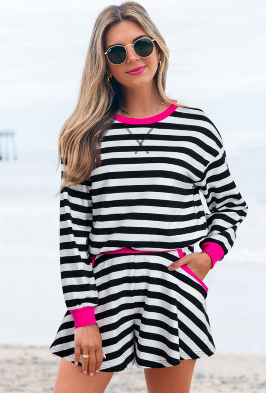 Black Stripe Contrast Ribbed Banding Long Sleeve Blouse Loose Shorts Set - PREORDER