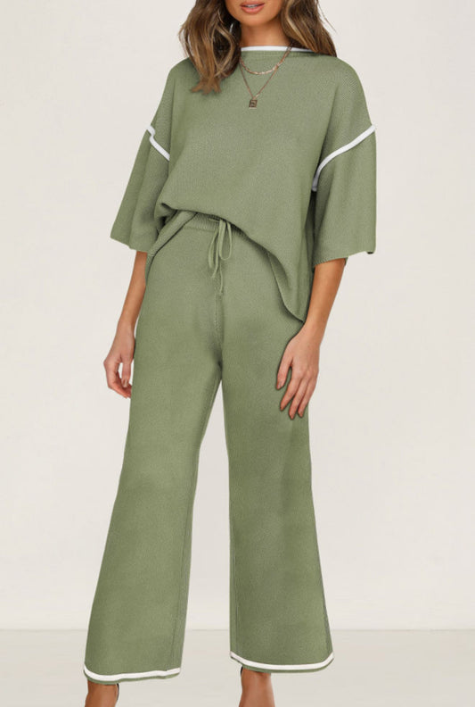 Guacamole Green Contrast Trim Half Sleeve Top Drawstring Pants Loose 2pcs Sweater Suit - PREORDER