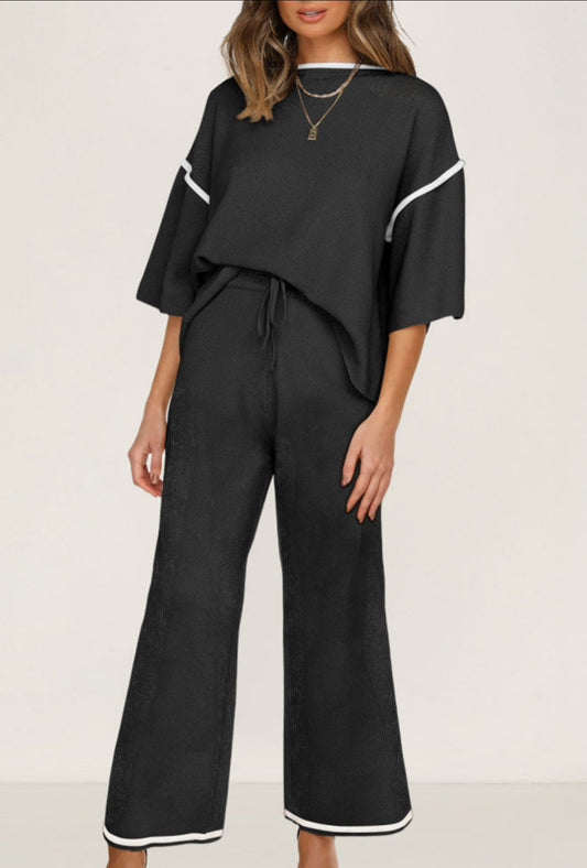 Black Contrast Trim Half Sleeve Top Drawstring Pants Loose 2pcs Sweater Suit - PREORDER