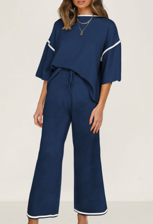 Navy Blue Contrast Trim Half Sleeve Top Drawstring Pants Loose 2pcs Sweater Suit - PREORDER