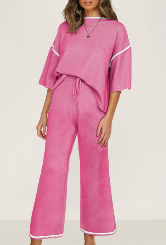 Bright Pink Contrast Trim Half Sleeve Top Drawstring Pants Loose 2pcs Sweater Suit - PREORDER