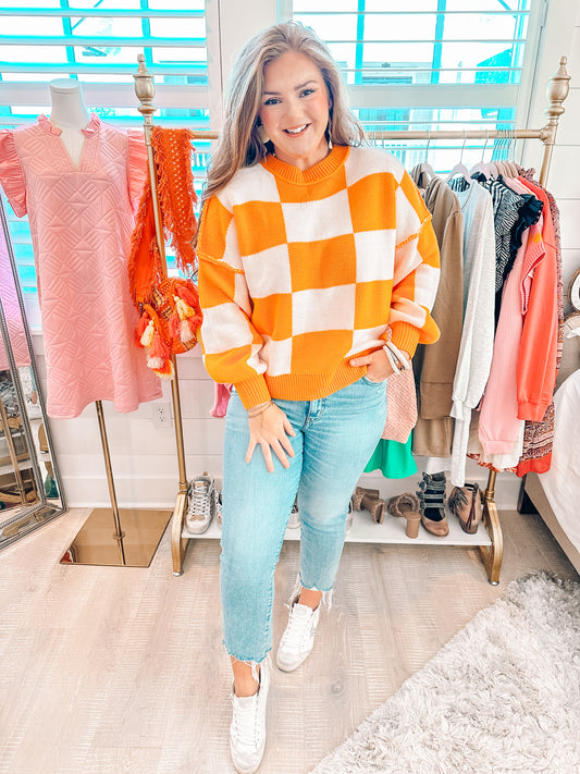 Orange Checkered Bishop Sleeve Sweater