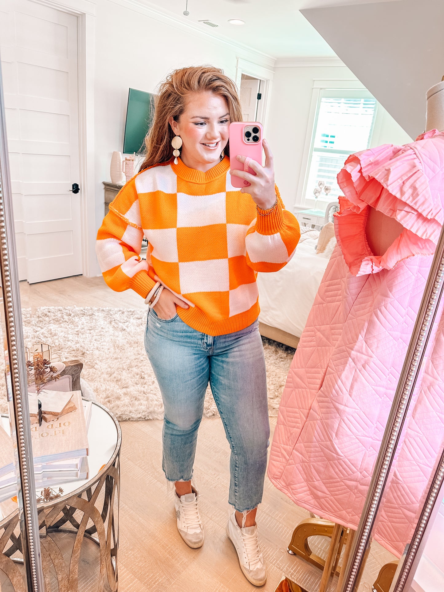 Orange Checkered Bishop Sleeve Sweater