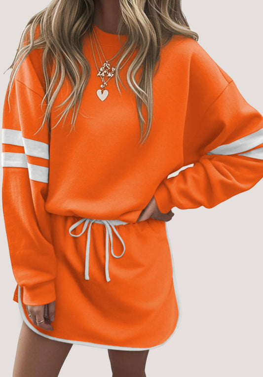Orange Varsity Stripe Detail Drop Shoulder Pullover Mini Skirt Set - PREORDER