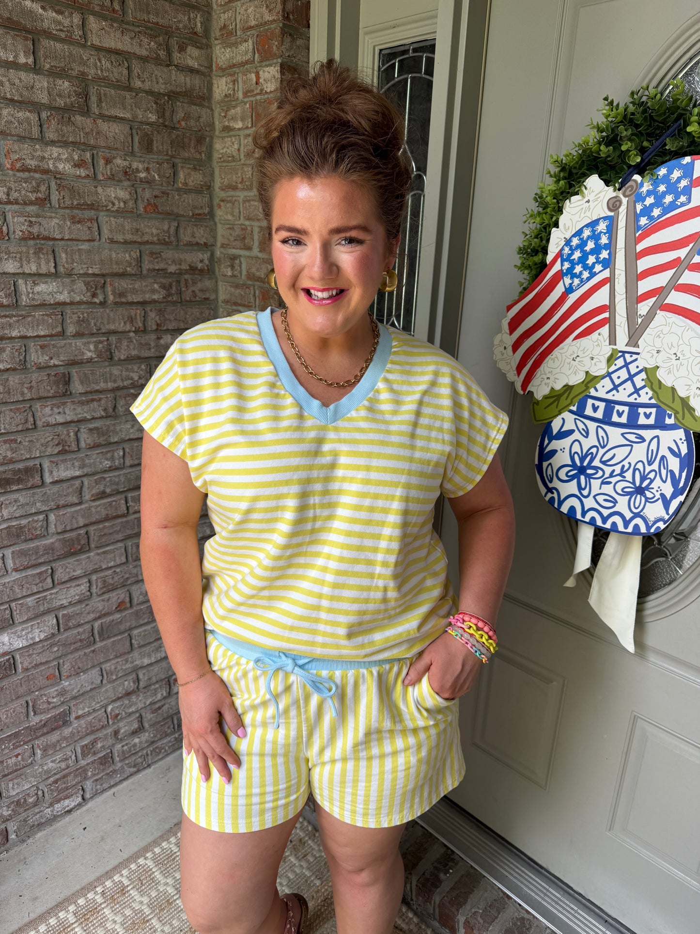 Yellow Stripe Colorblock Trim V Neck Tee Drawstring Elastic Waist Short Set - PREORDER