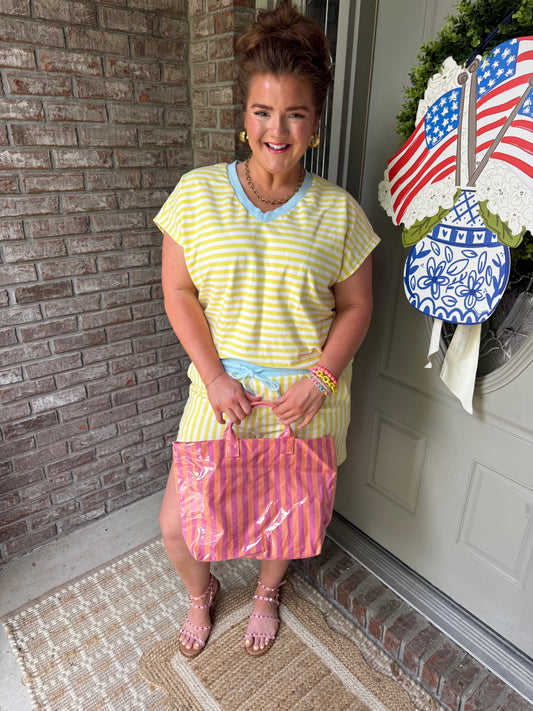Yellow Stripe Colorblock Trim V Neck Tee Drawstring Elastic Waist Short Set - PREORDER