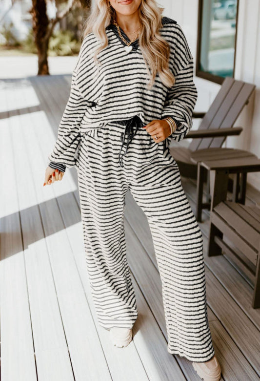 Black Stripe Collared Pullover Top and Drawstring Pant Set - PREORDER