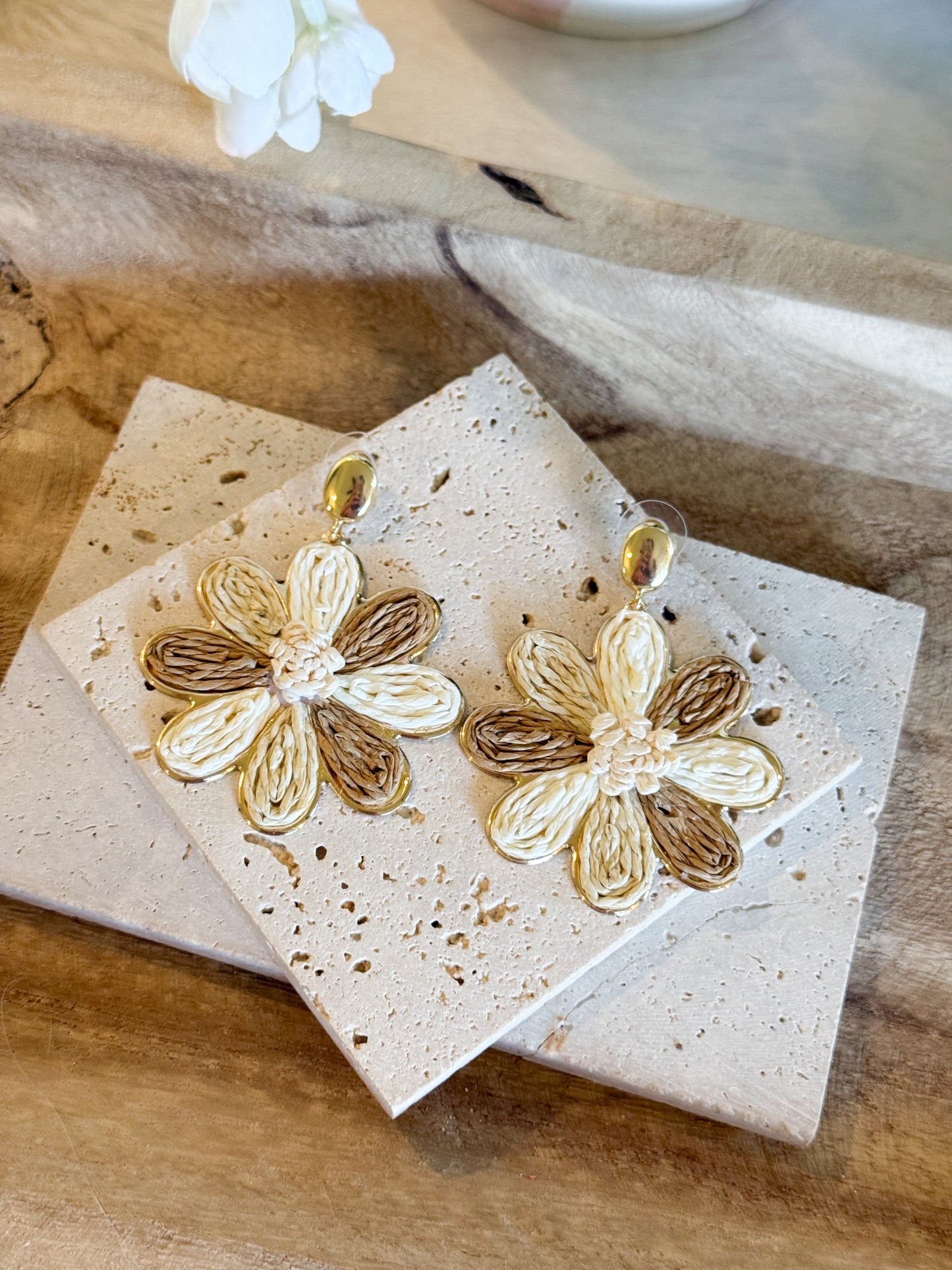 Tan and Cream Raffia Flower Earring