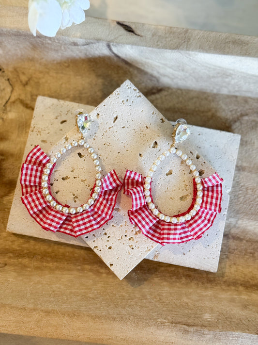 Red Gingham and Pearl Statement Earrings
