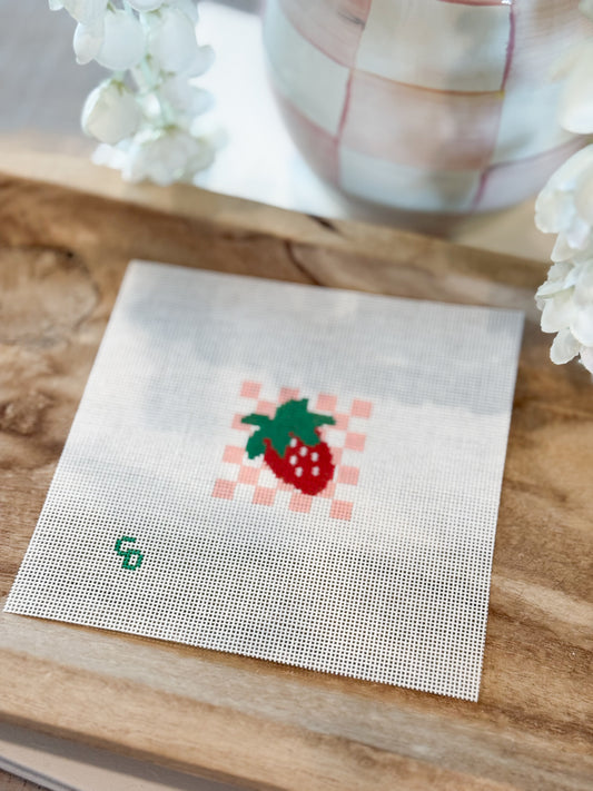 Hand Painted Strawberry Checkered 2” Needlepoint Canvas 18 Mesh