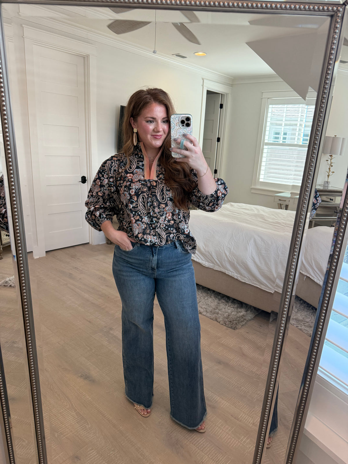 Floral Split Neck Puff Sleeve Blouse