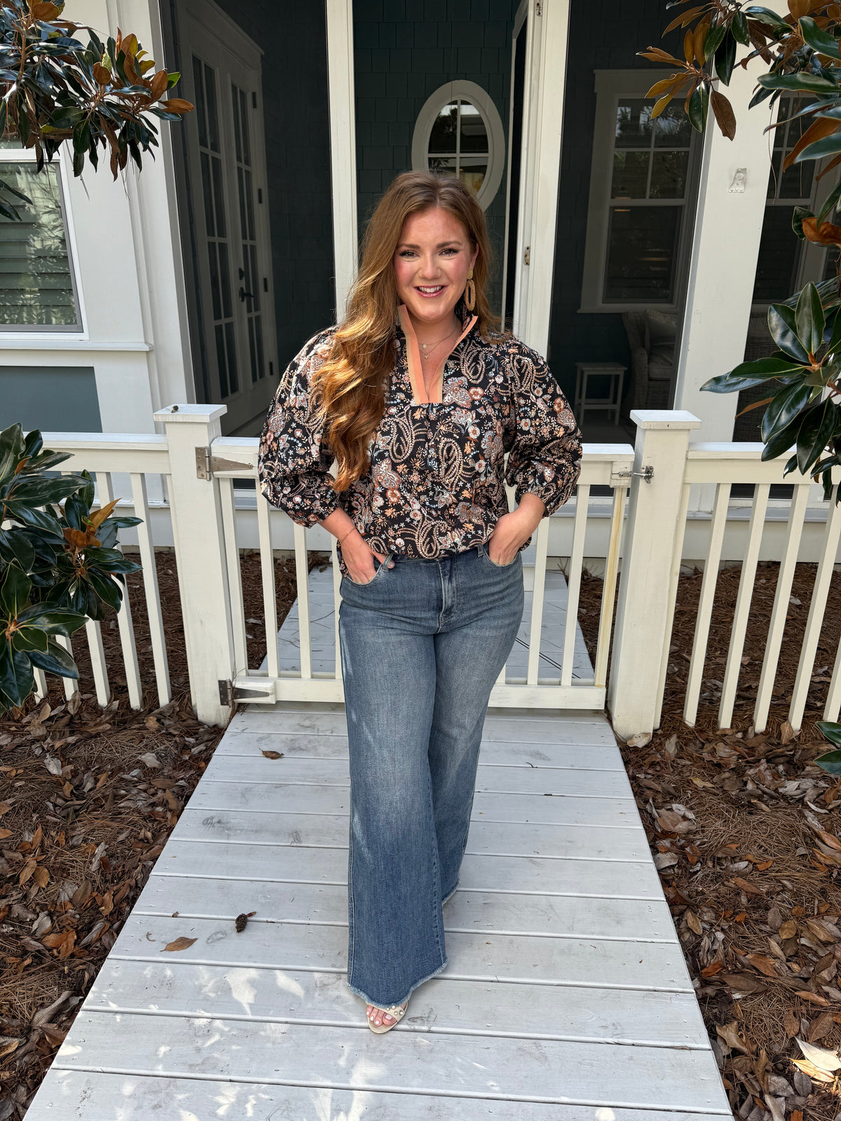 Floral Split Neck Puff Sleeve Blouse