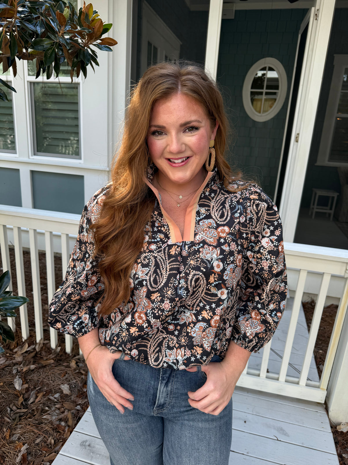 Floral Split Neck Puff Sleeve Blouse