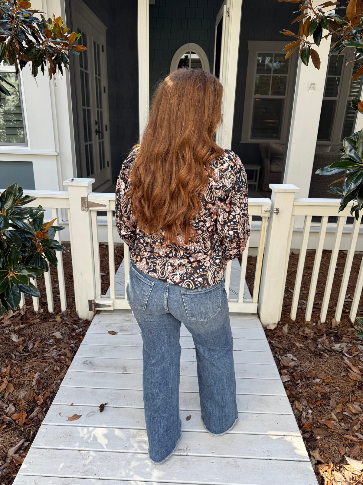 Floral Split Neck Puff Sleeve Blouse