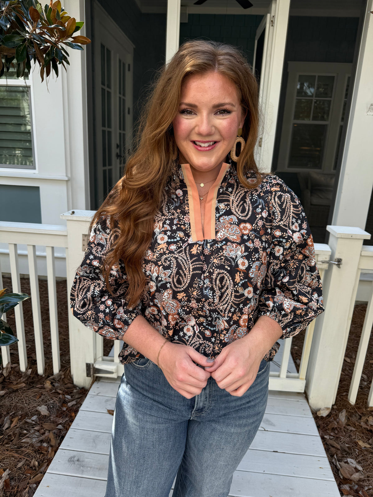 Floral Split Neck Puff Sleeve Blouse