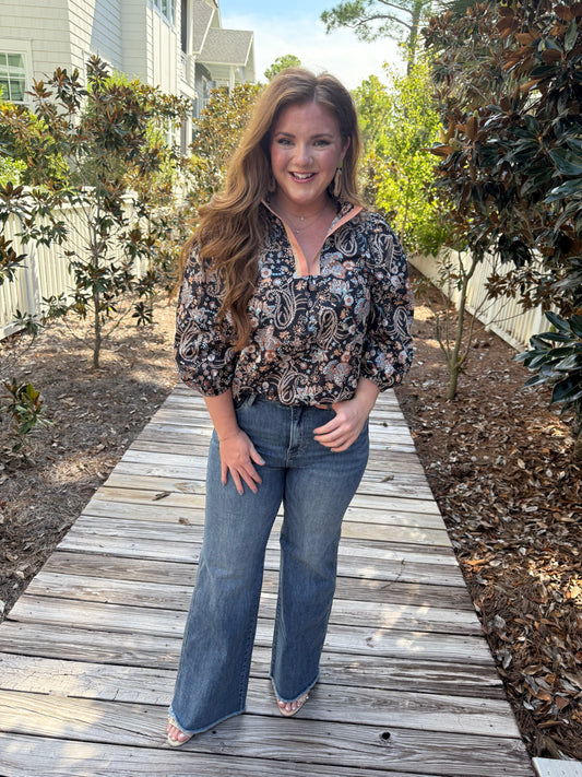Floral Split Neck Puff Sleeve Blouse