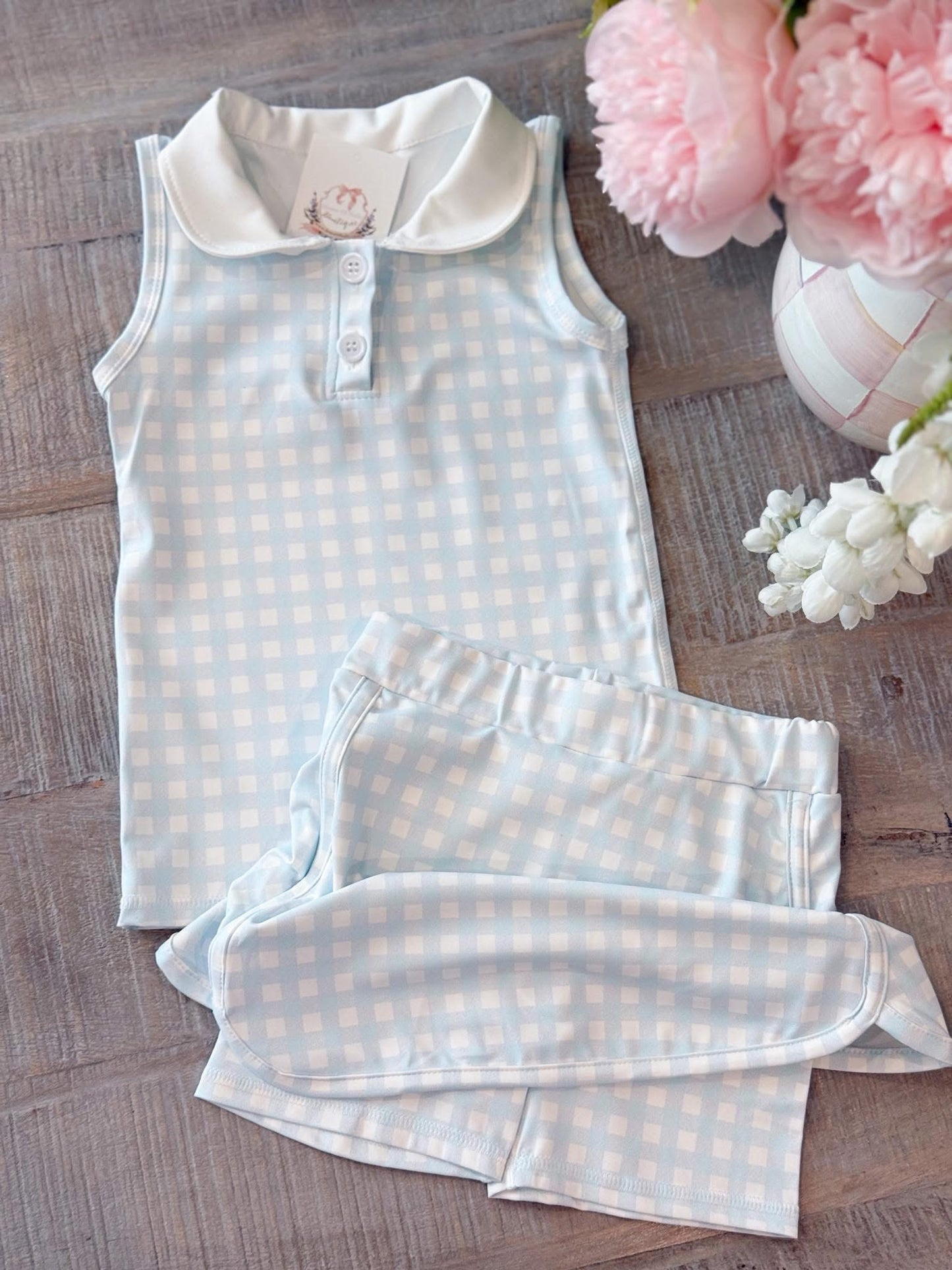 Girls Blue Gingham Skort Set - PREORDER