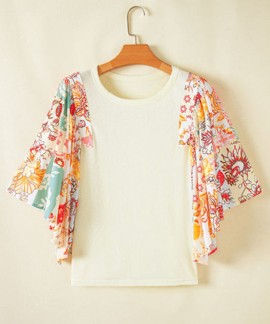 Beige Floral Patchwork Half Batwing Sleeve Blouse