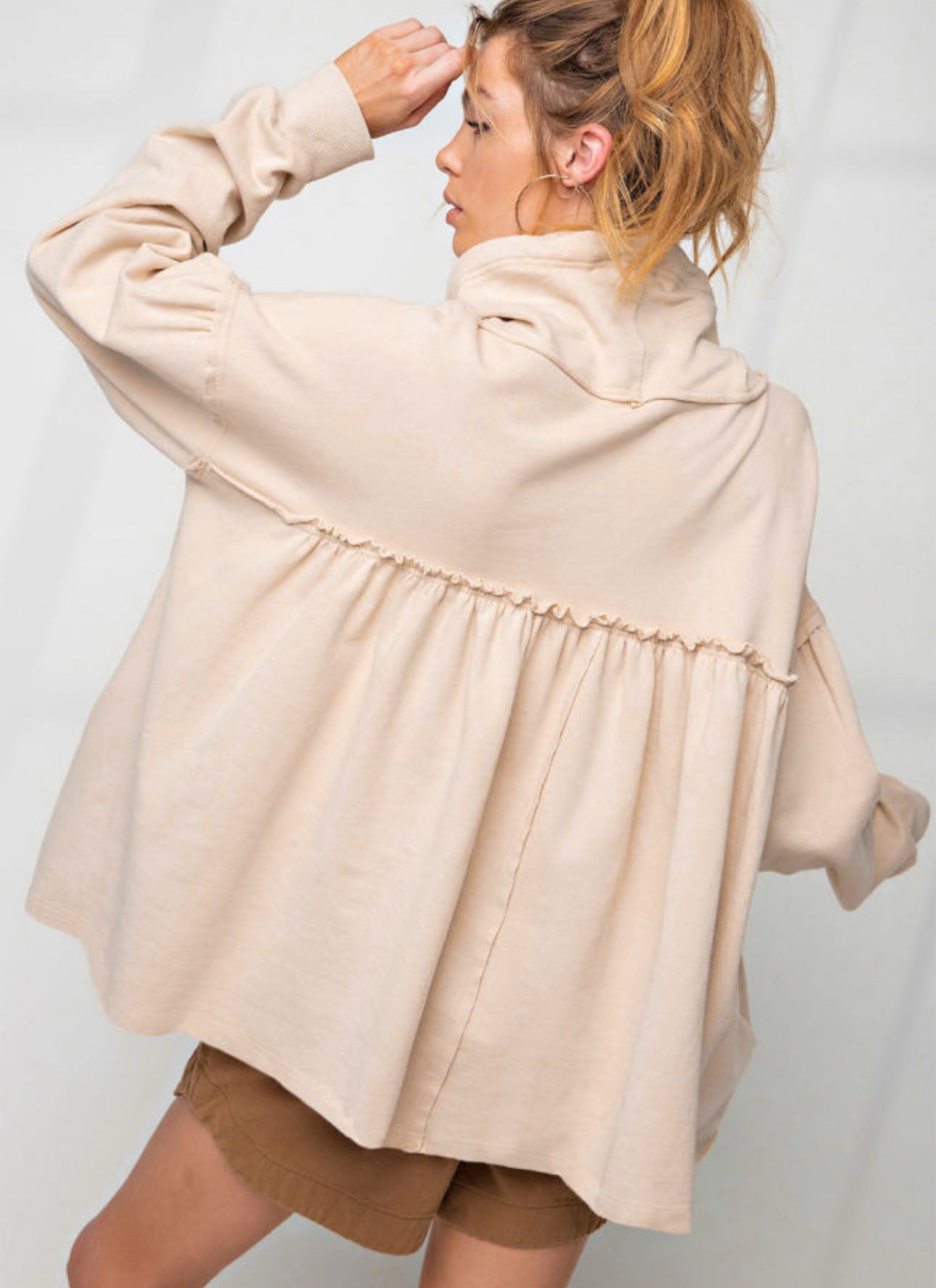 Beige Frill Exposed Seam Cowl Neck Oversized Sweatshirt