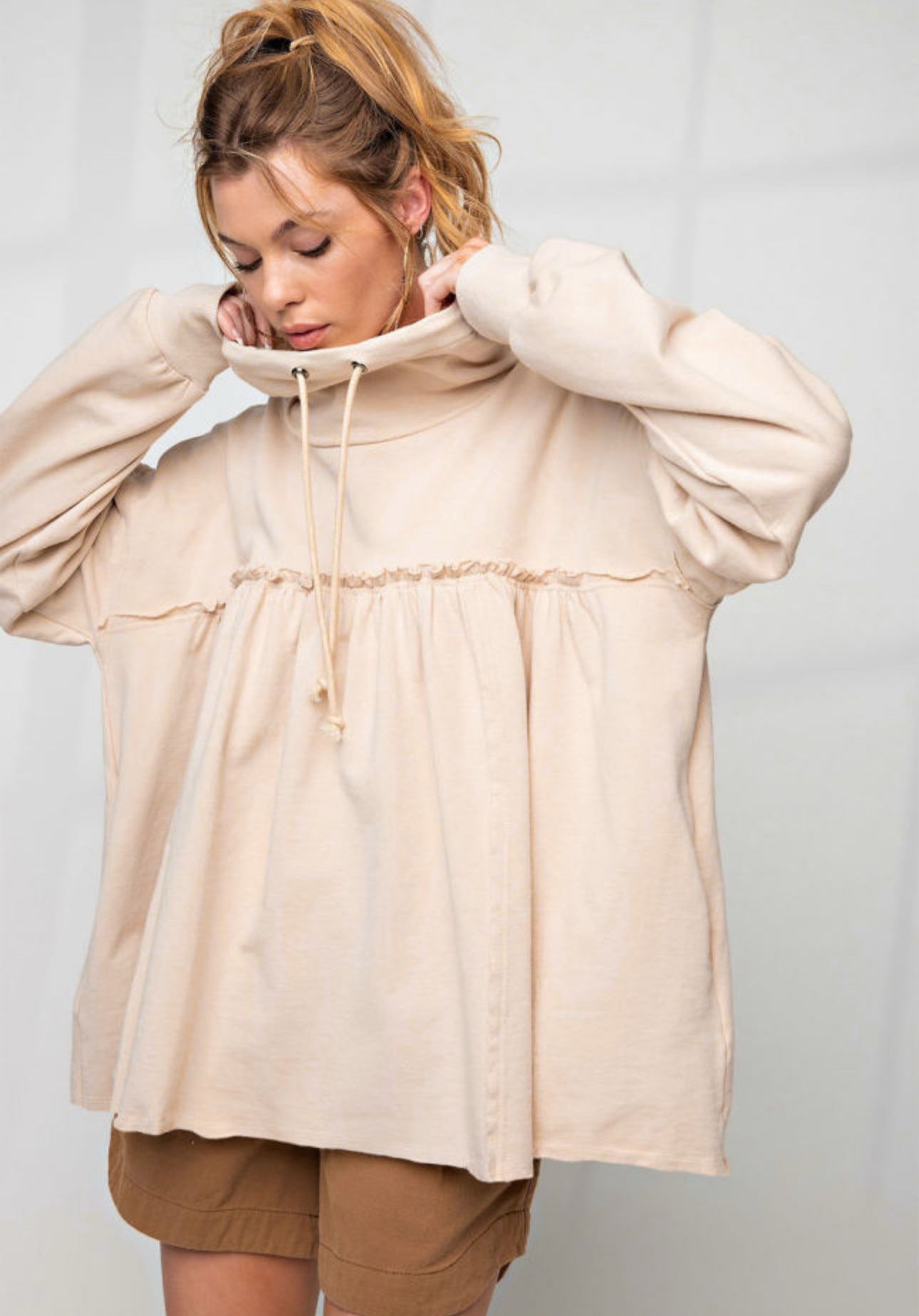 Beige Frill Exposed Seam Cowl Neck Oversized Sweatshirt