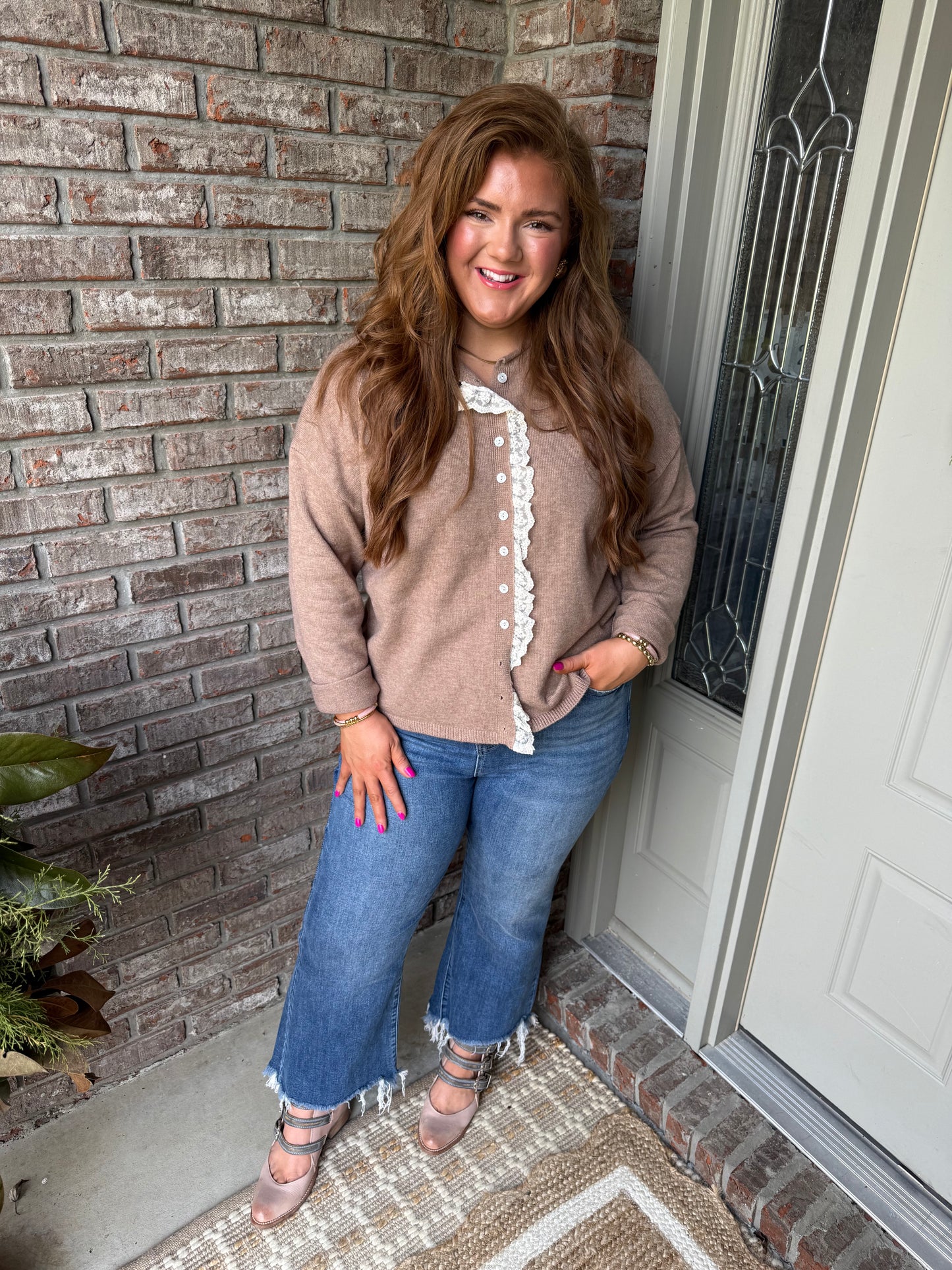Simply Taupe Contrast Frilled Lace Trim Loose Cardigan Sweater - PREORDER