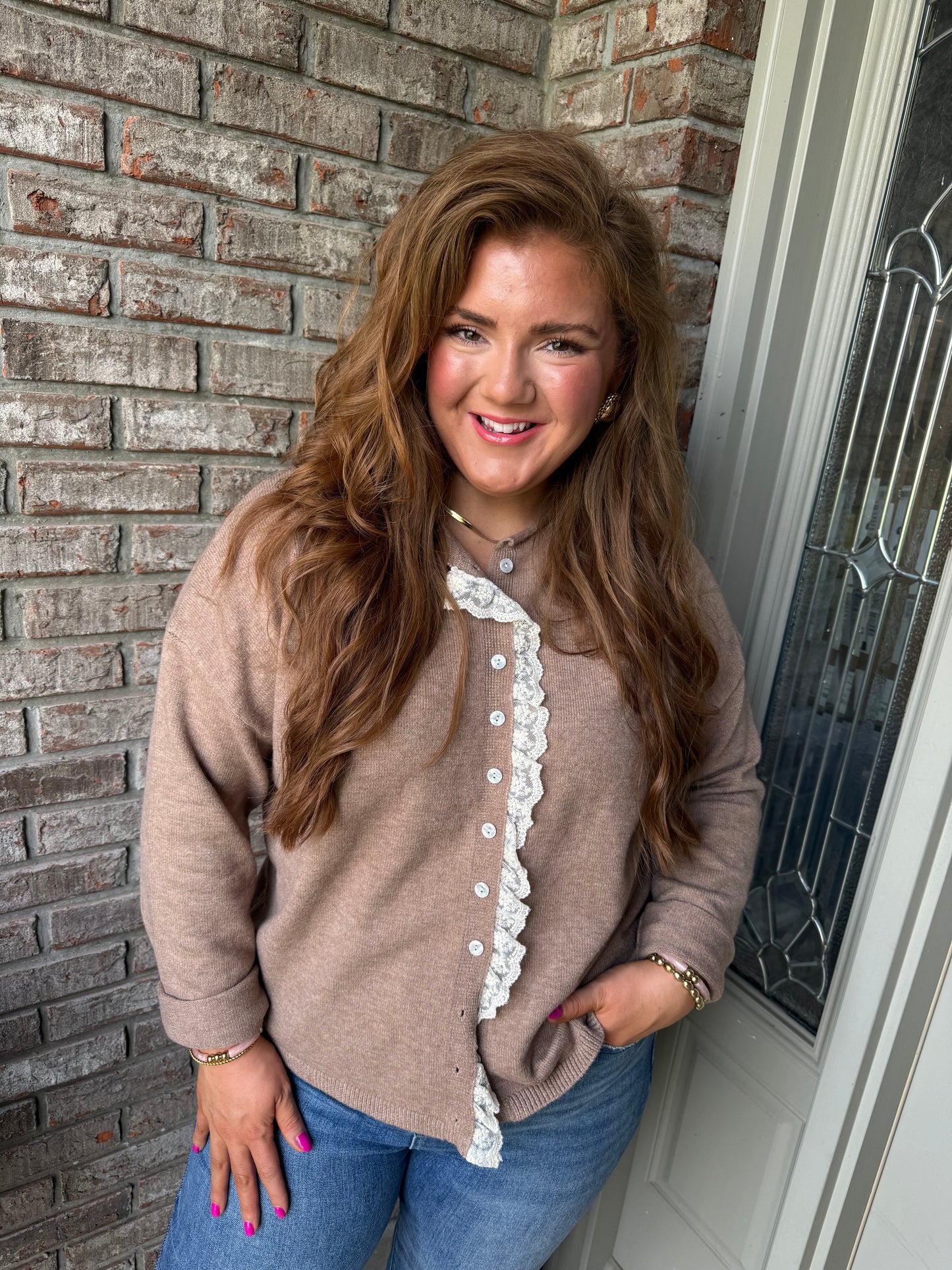 Simply Taupe Contrast Frilled Lace Trim Loose Cardigan Sweater - PREORDER