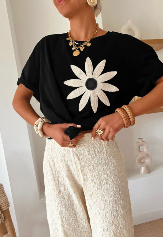 Contrast Crochet Floral Graphic Drop Shoulder Loose Tee - PREORDER