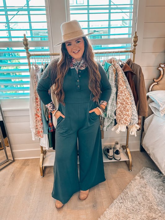 Gray Button Long Sleeve Wide Leg Jumpsuit PREORDER