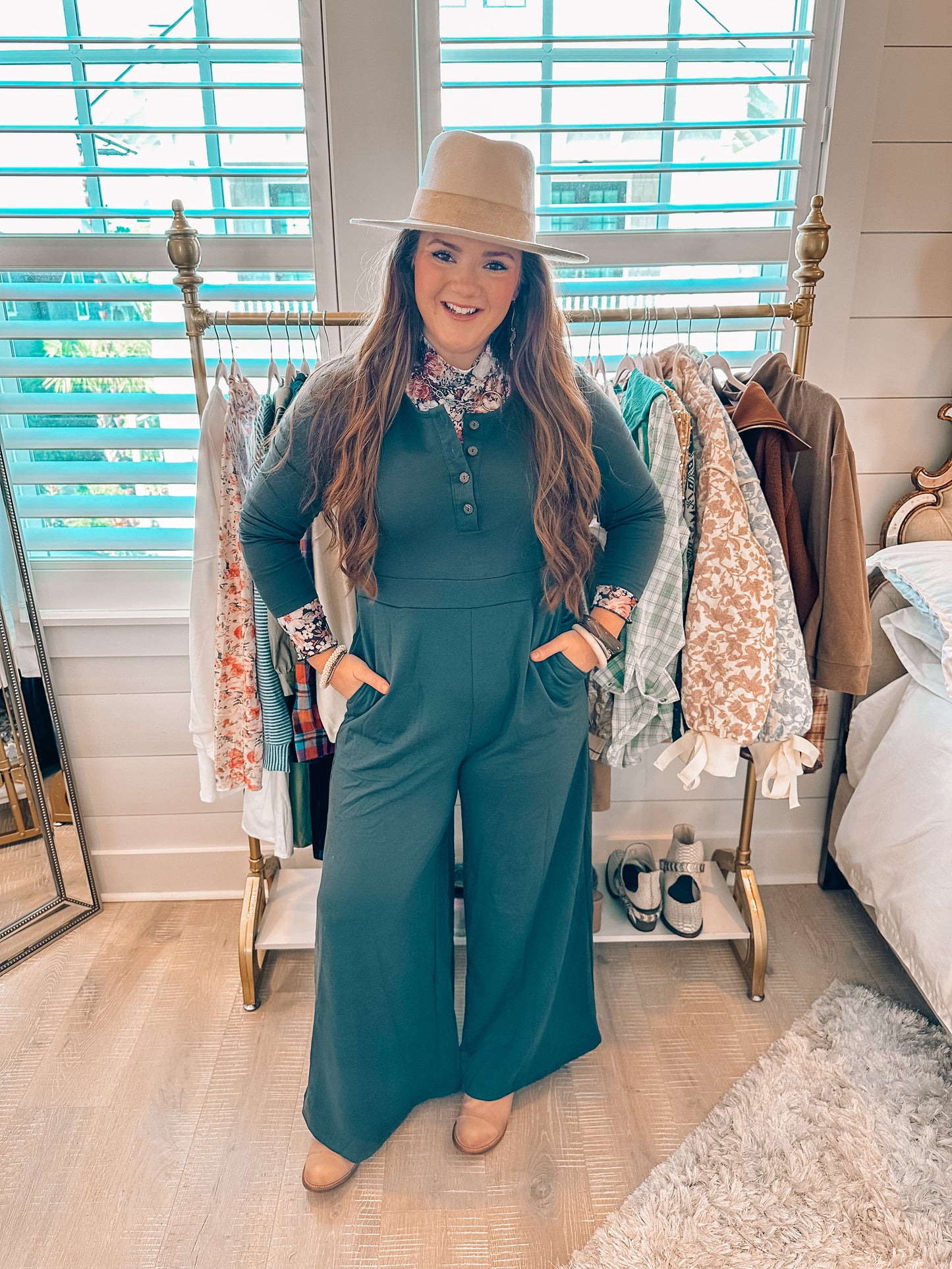 Gray Button Long Sleeve Wide Leg Jumpsuit PREORDER